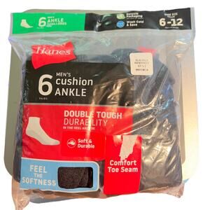Hanes Cushion Ankle Socks 6 (Six) Pairs Men’s Shoe Size  6-12 Black New Wicking